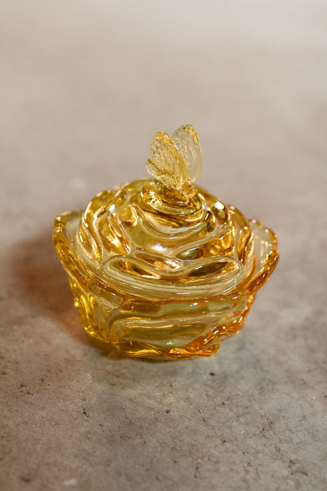 Vintage Yellow Fenton Cabbage Rose & Butterfly Candy Dish