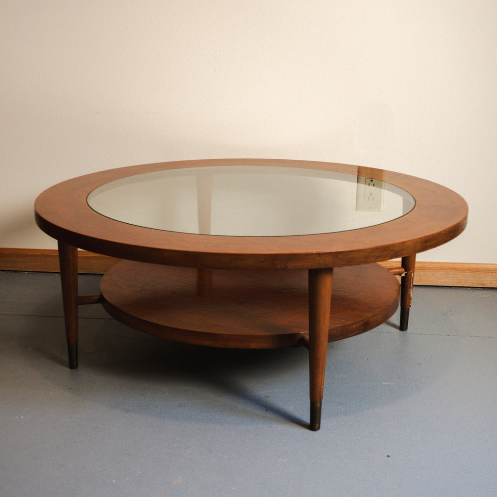 Vintage MCM Round Wood Coffee Table with Glass Top