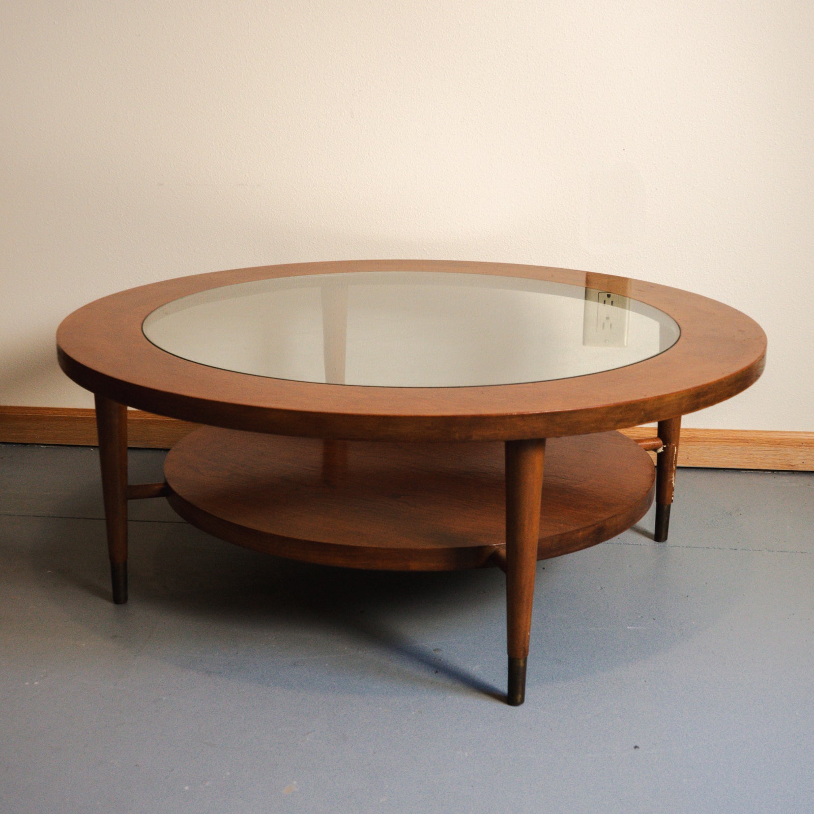 Vintage MCM Round Wood Coffee Table with Glass Top