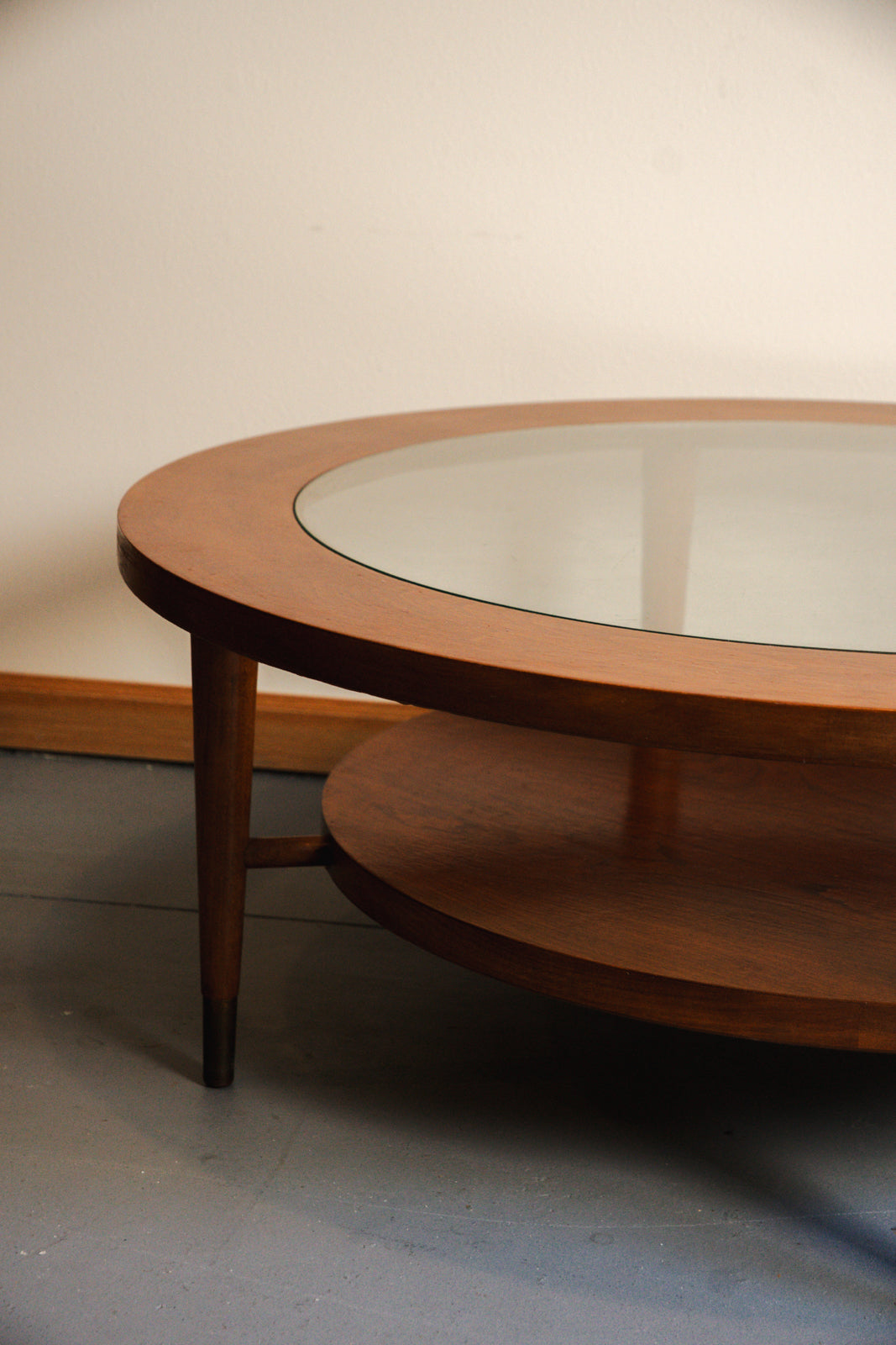 Vintage MCM Round Wood Coffee Table with Glass Top