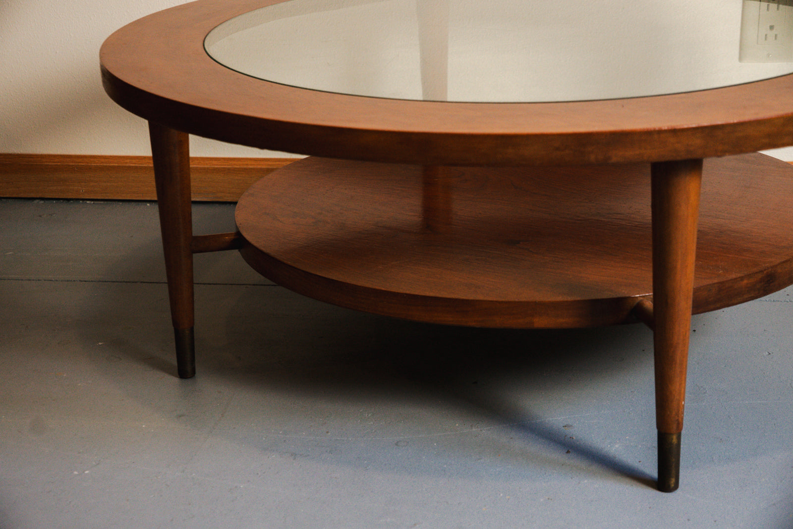 Vintage MCM Round Wood Coffee Table with Glass Top