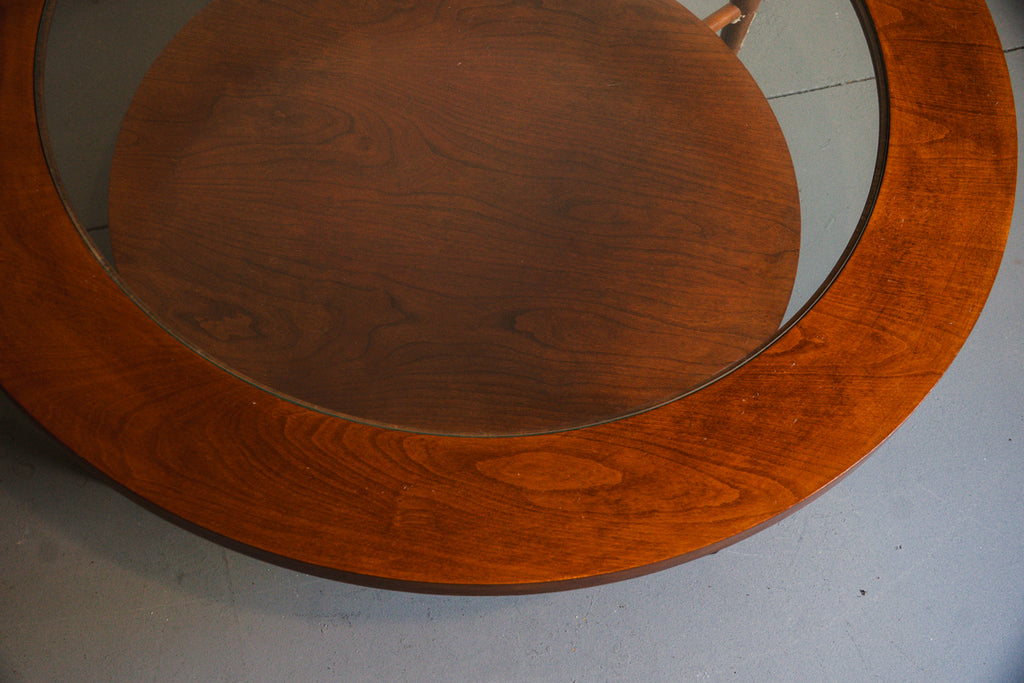 Vintage MCM Round Wood Coffee Table with Glass Top