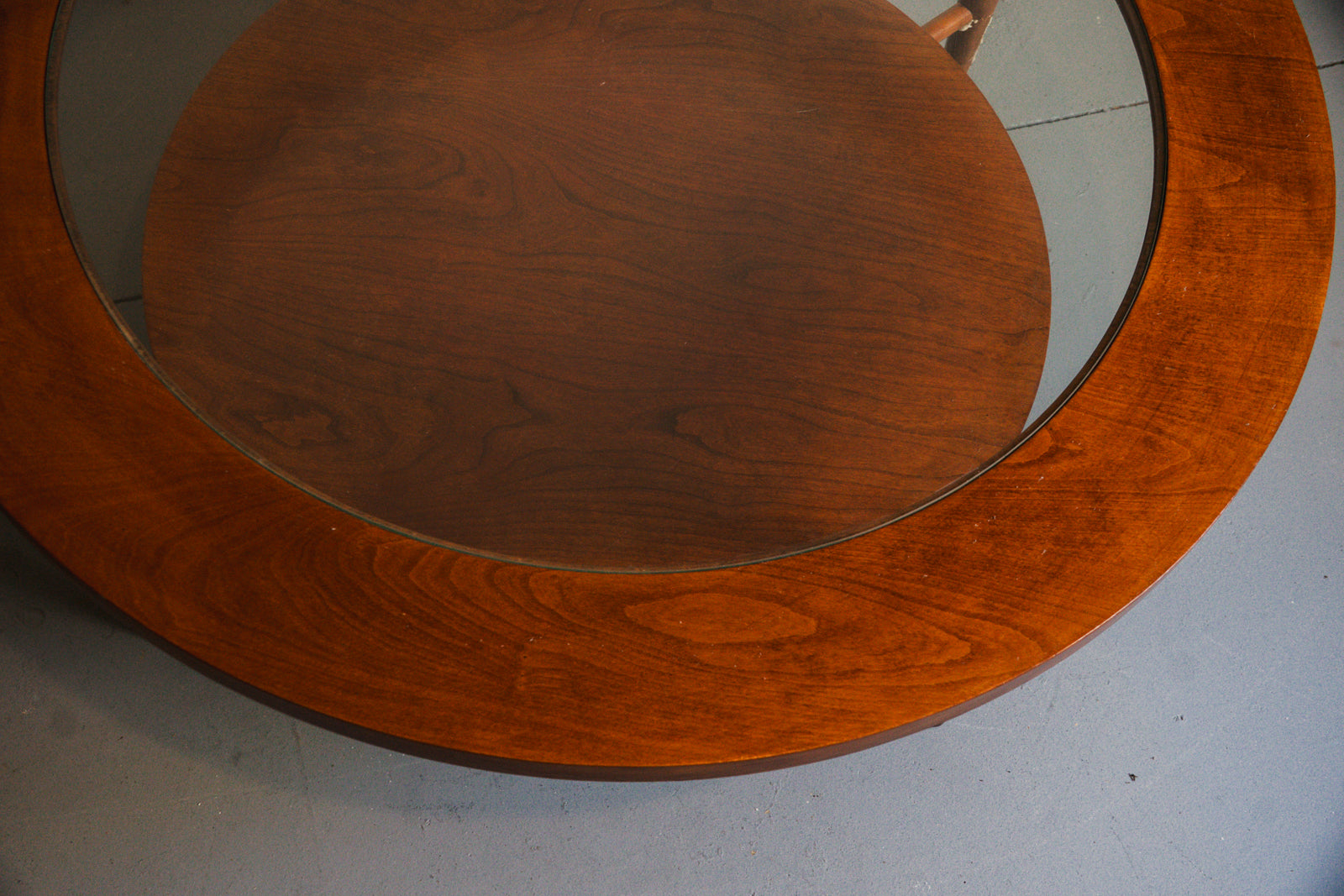 Vintage MCM Round Wood Coffee Table with Glass Top