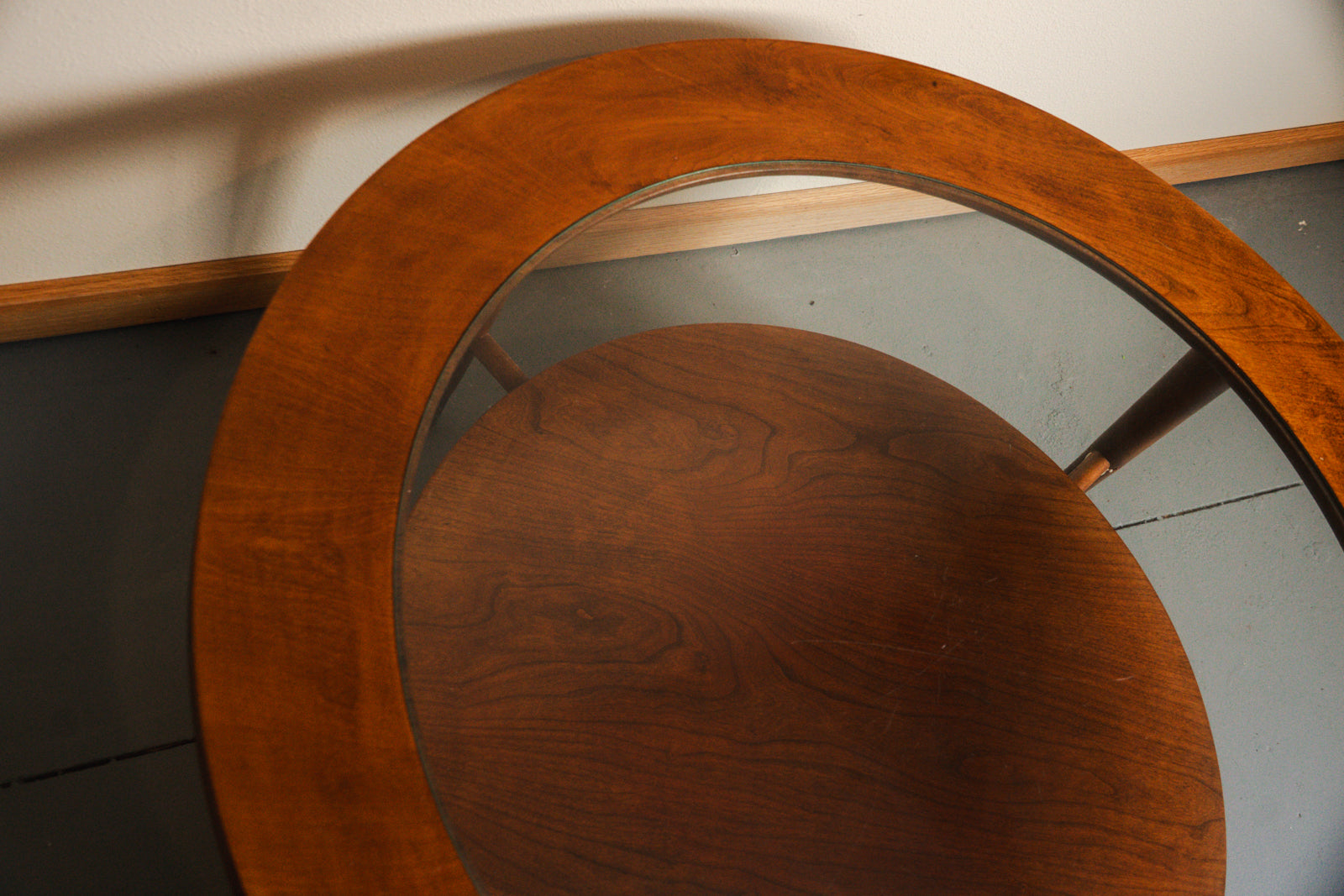 Vintage MCM Round Wood Coffee Table with Glass Top