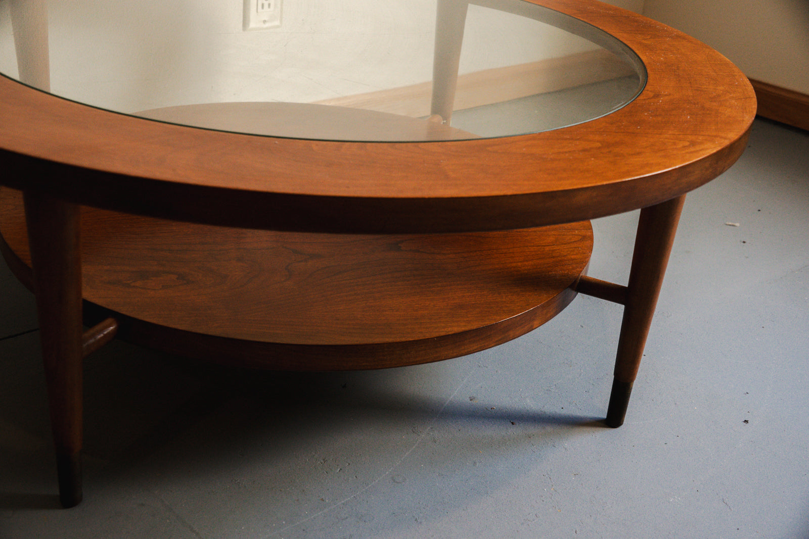 Vintage MCM Round Wood Coffee Table with Glass Top