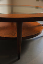 Vintage MCM Round Wood Coffee Table with Glass Top