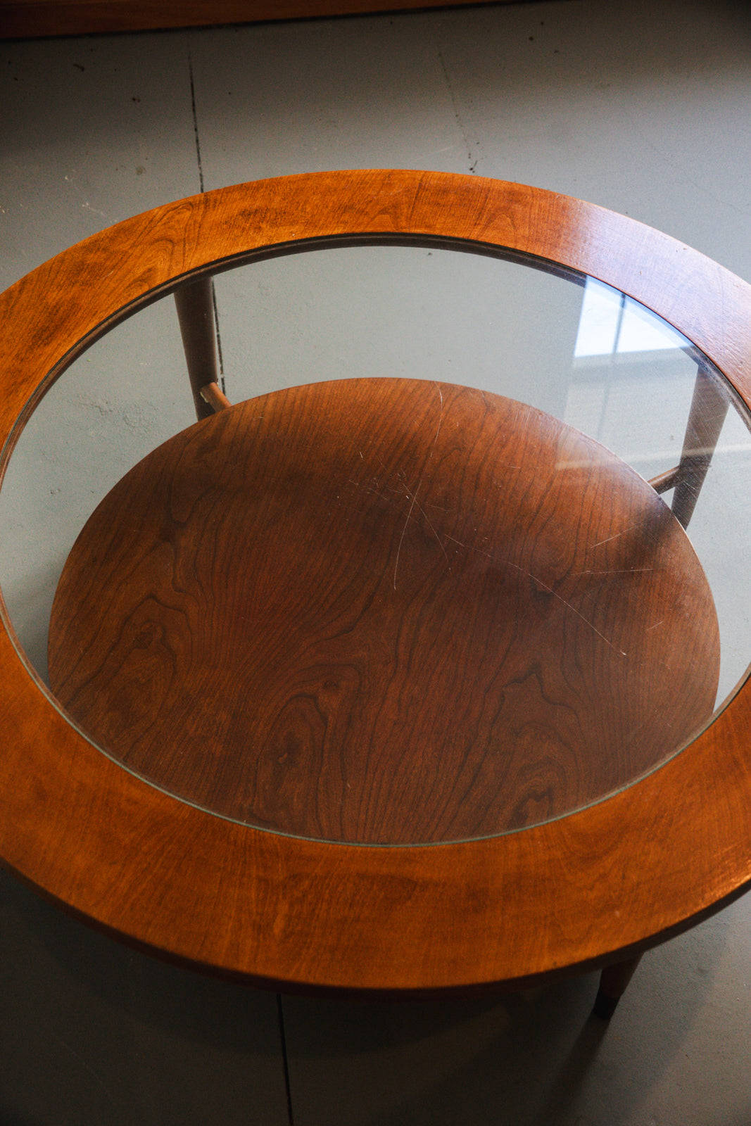 Vintage MCM Round Wood Coffee Table with Glass Top