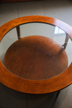 Vintage MCM Round Wood Coffee Table with Glass Top