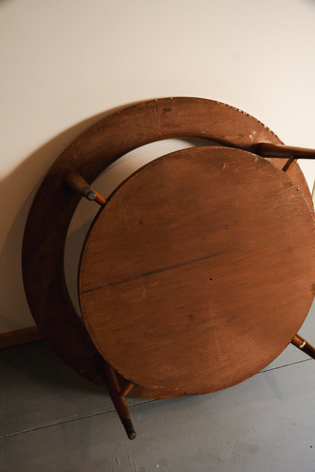 Vintage MCM Round Wood Coffee Table with Glass Top