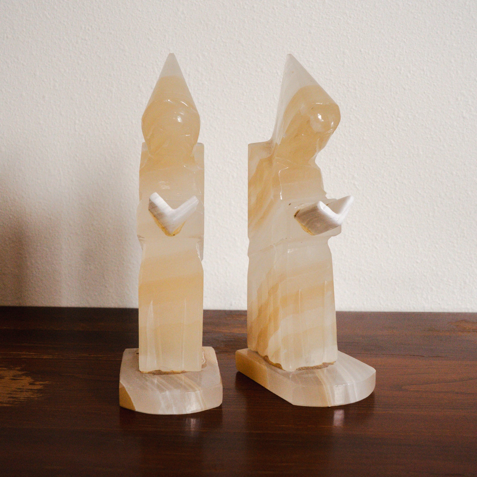 1950s Handcarved Monk Onyx Stone Bookends - Pair