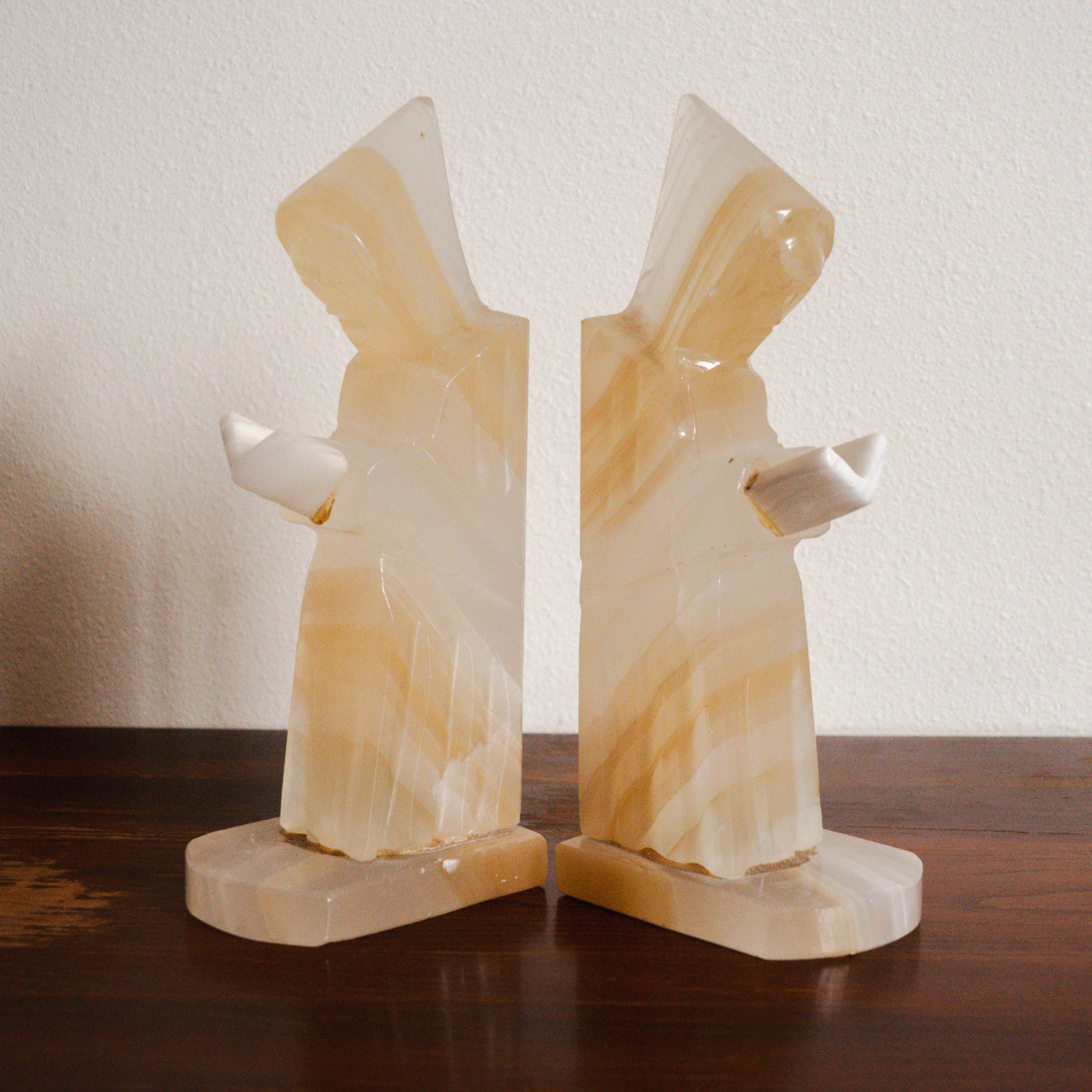 1950s Handcarved Monk Onyx Stone Bookends - Pair