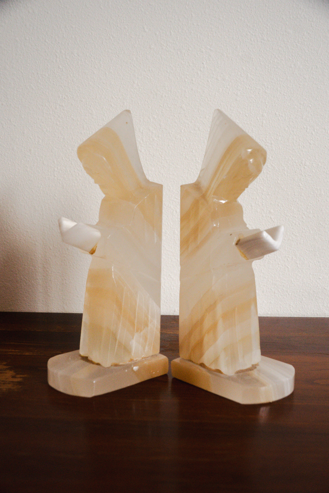 1950s Handcarved Monk Onyx Stone Bookends - Pair