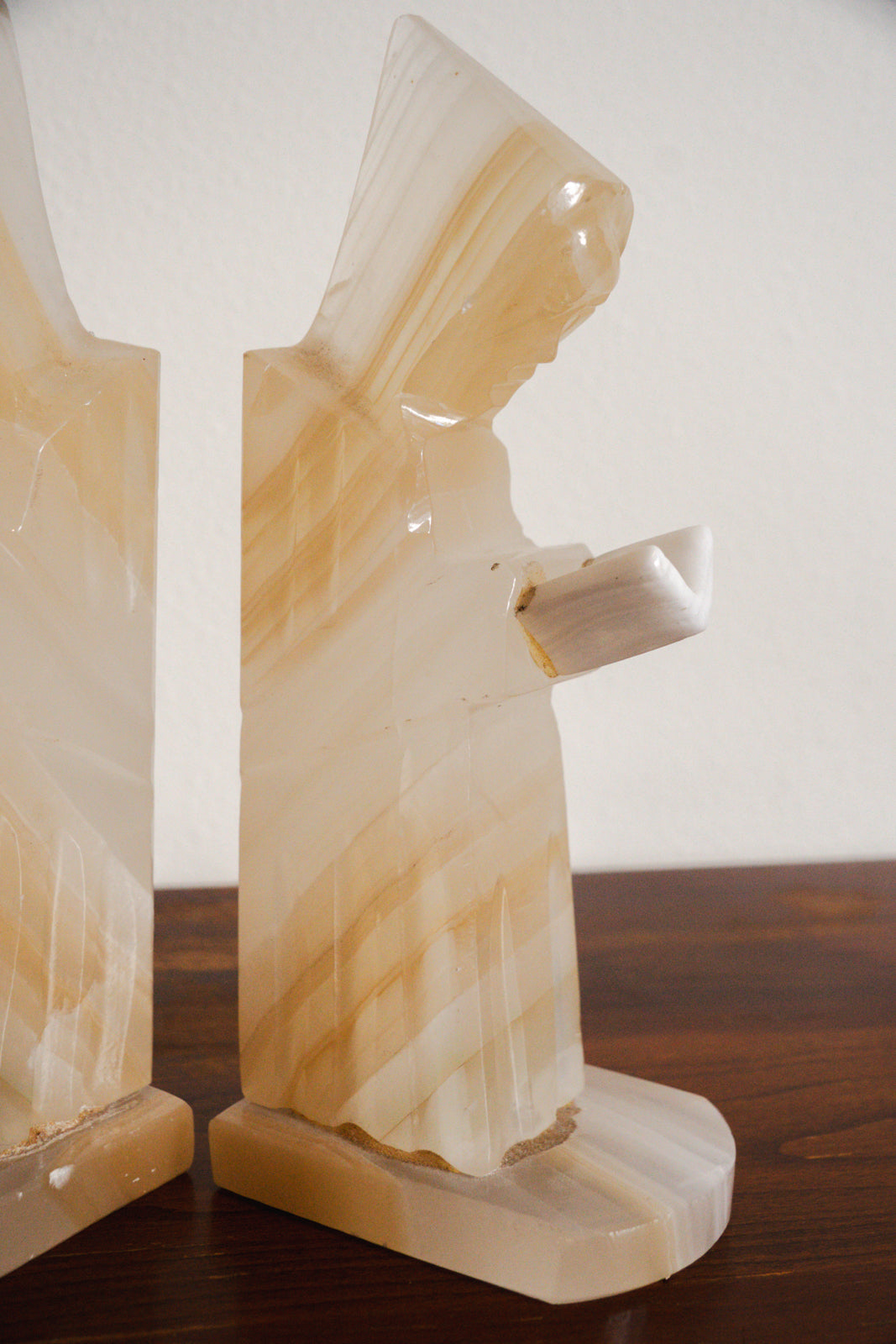 1950s Handcarved Monk Onyx Stone Bookends - Pair