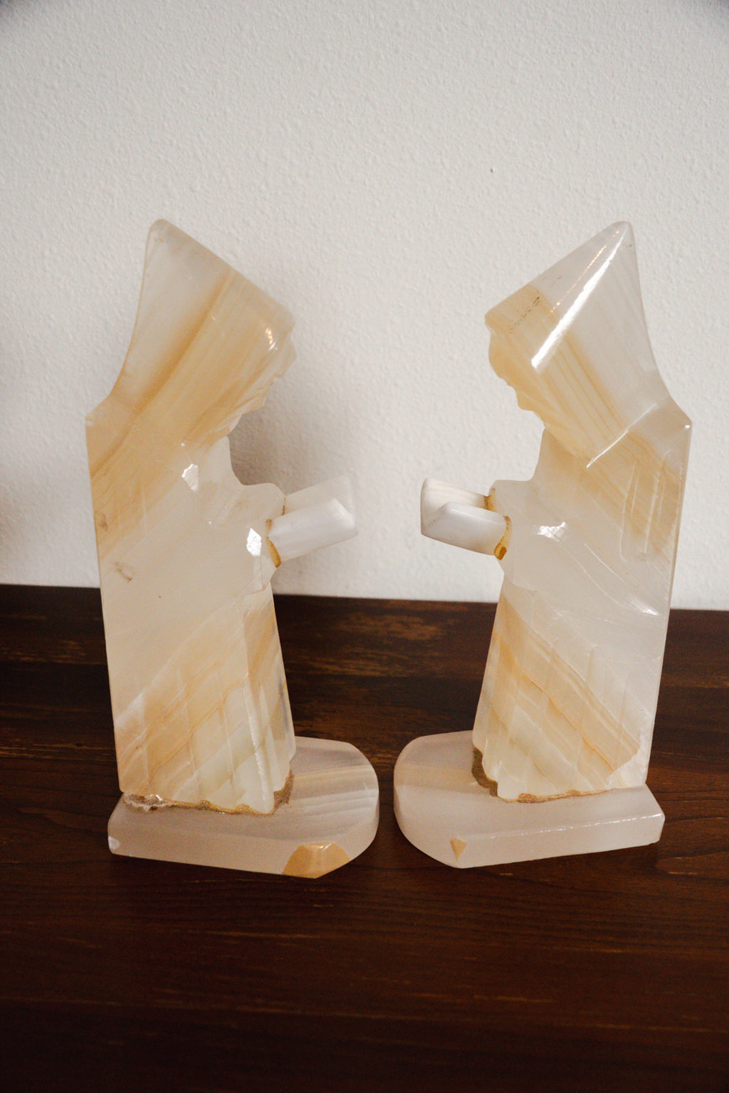 1950s Handcarved Monk Onyx Stone Bookends - Pair