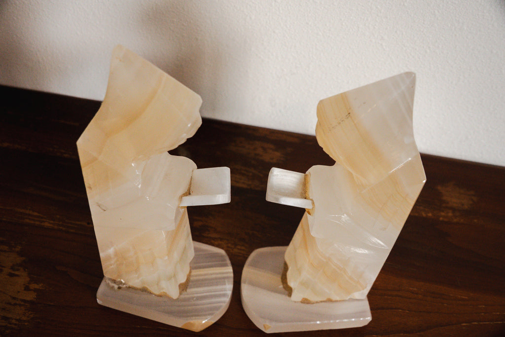 1950s Handcarved Monk Onyx Stone Bookends - Pair