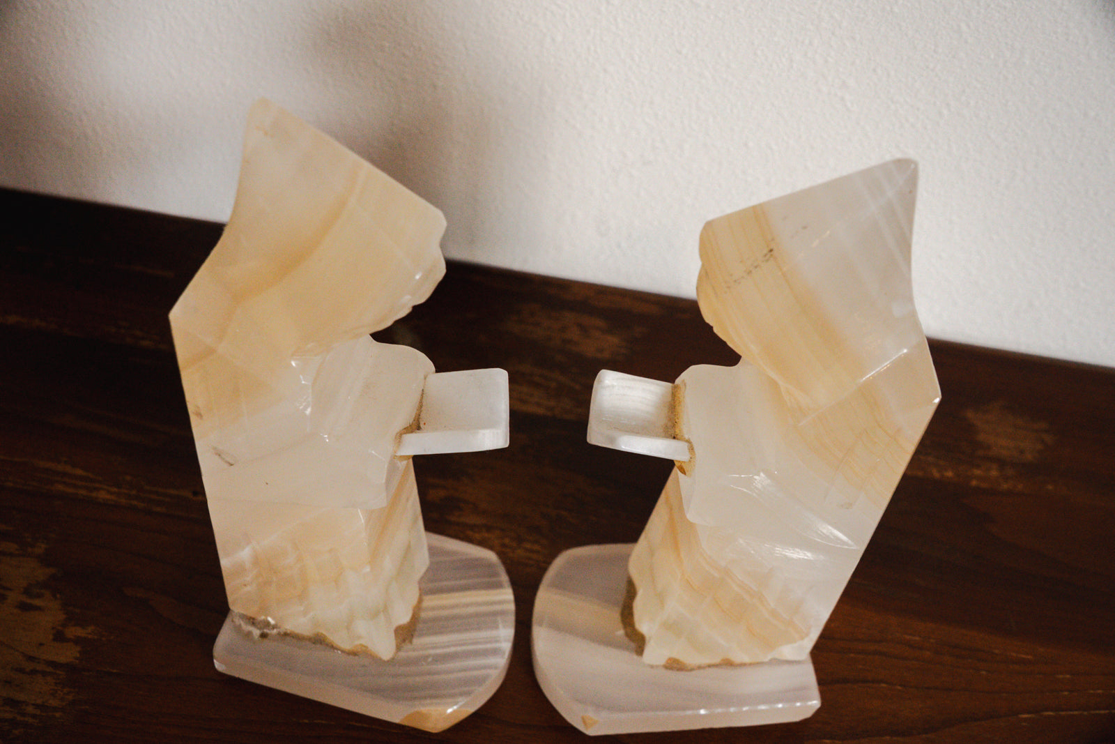 1950s Handcarved Monk Onyx Stone Bookends - Pair
