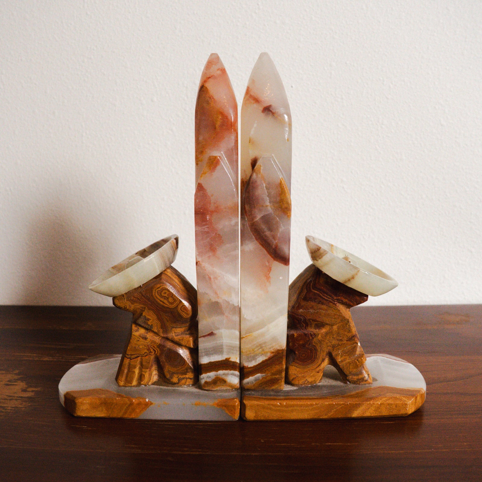 1950s Handcarved Seista Cowboy Cactus Onyx Stone Bookends - Pair