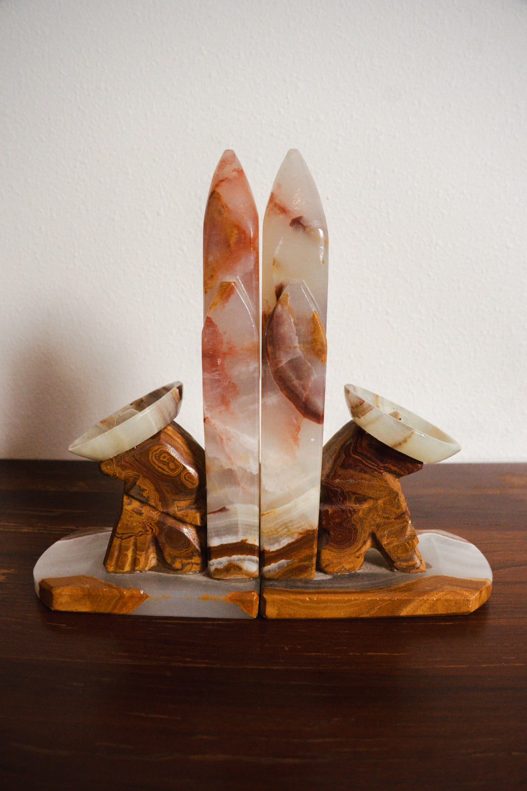 1950s Handcarved Seista Cowboy Cactus Onyx Stone Bookends - Pair