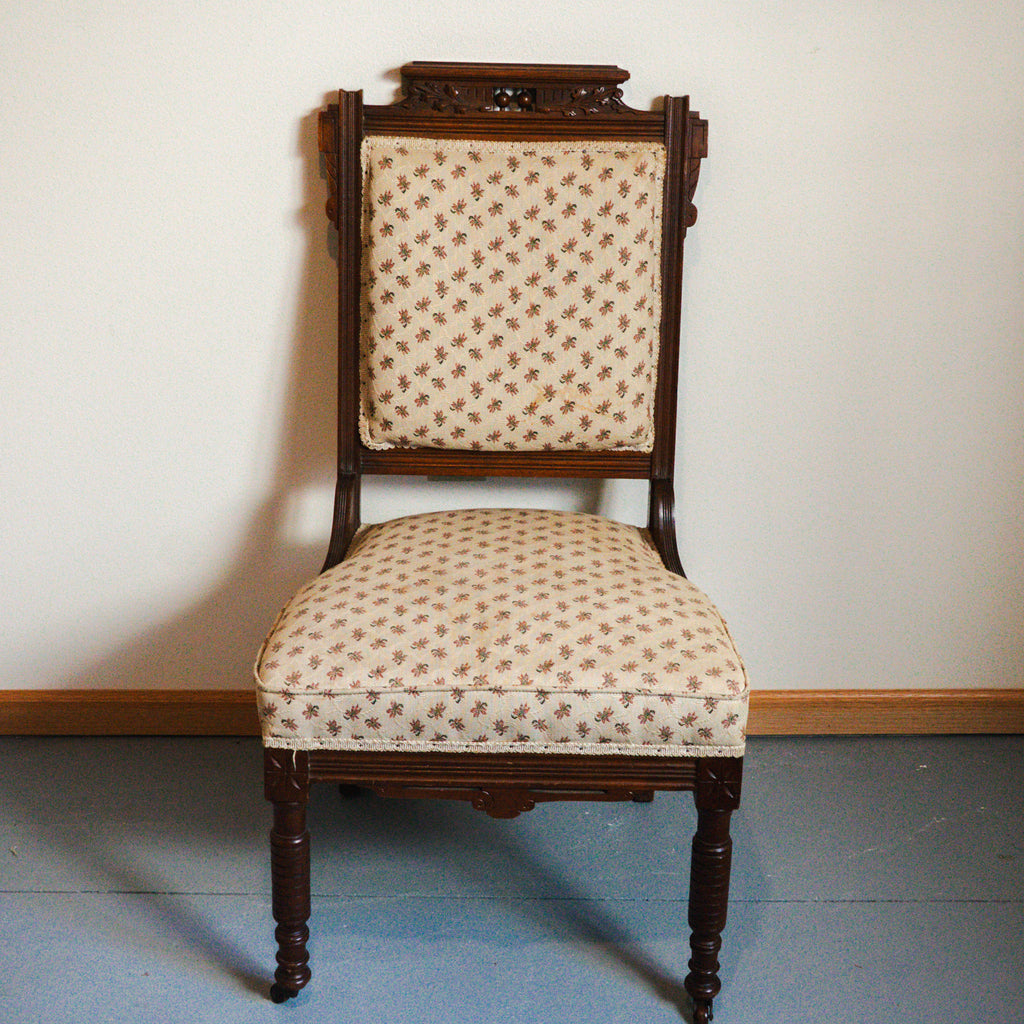 Victorian Wood Floral Print Upholstered Chair