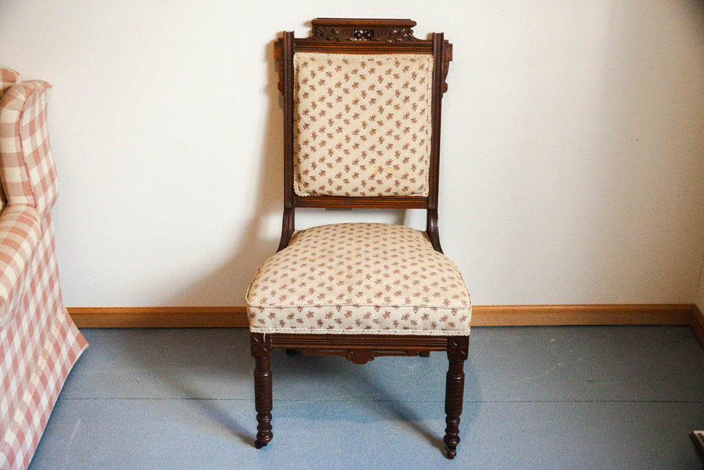 Victorian Wood Floral Print Upholstered Chair