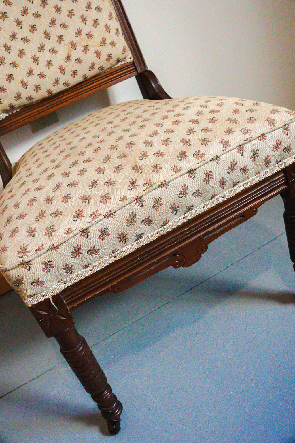 Victorian Wood Floral Print Upholstered Chair