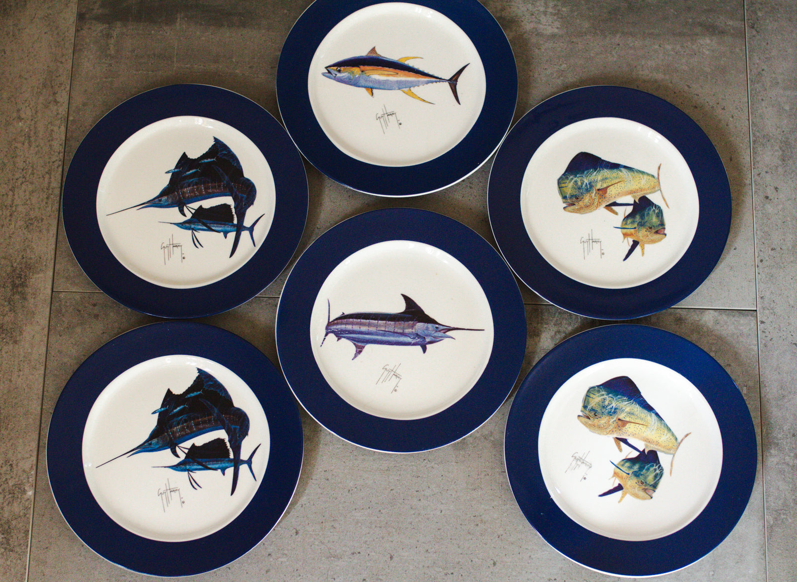 Guy Harvey Fish Plate Set of 6 Plates 8" Blue Rim Assorted Styles 2008 Edition