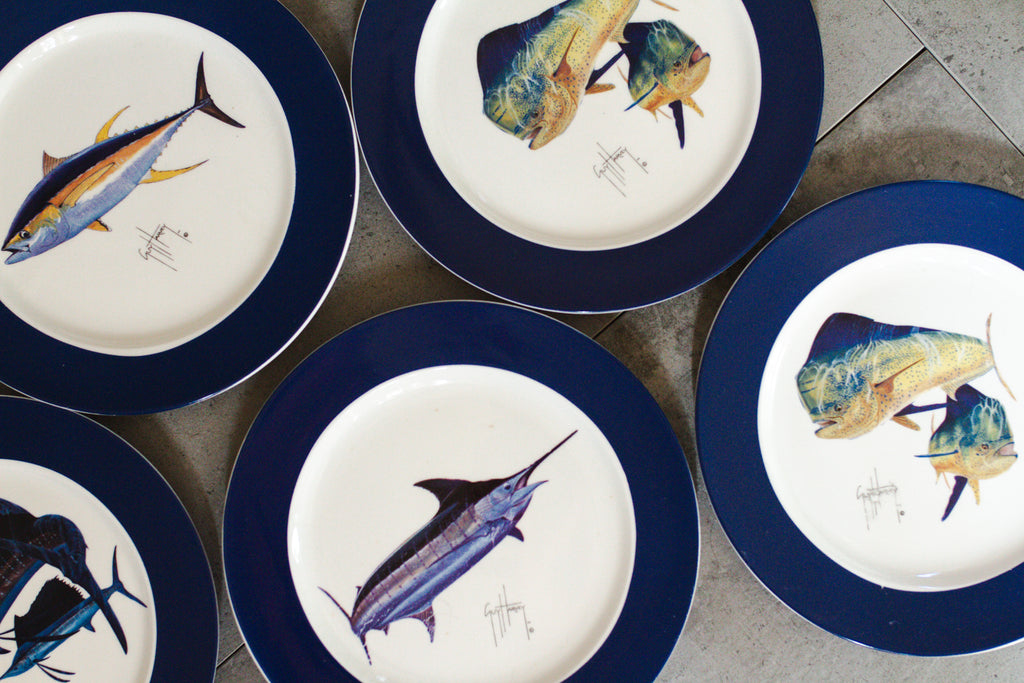 Guy Harvey Fish Plate Set of 6 Plates 8" Blue Rim Assorted Styles 2008 Edition
