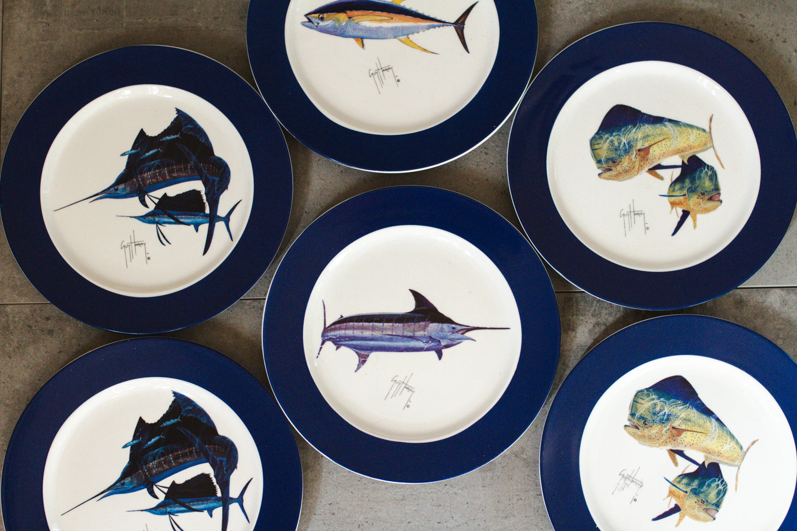 Guy Harvey Fish Plate Set of 6 Plates 8" Blue Rim Assorted Styles 2008 Edition
