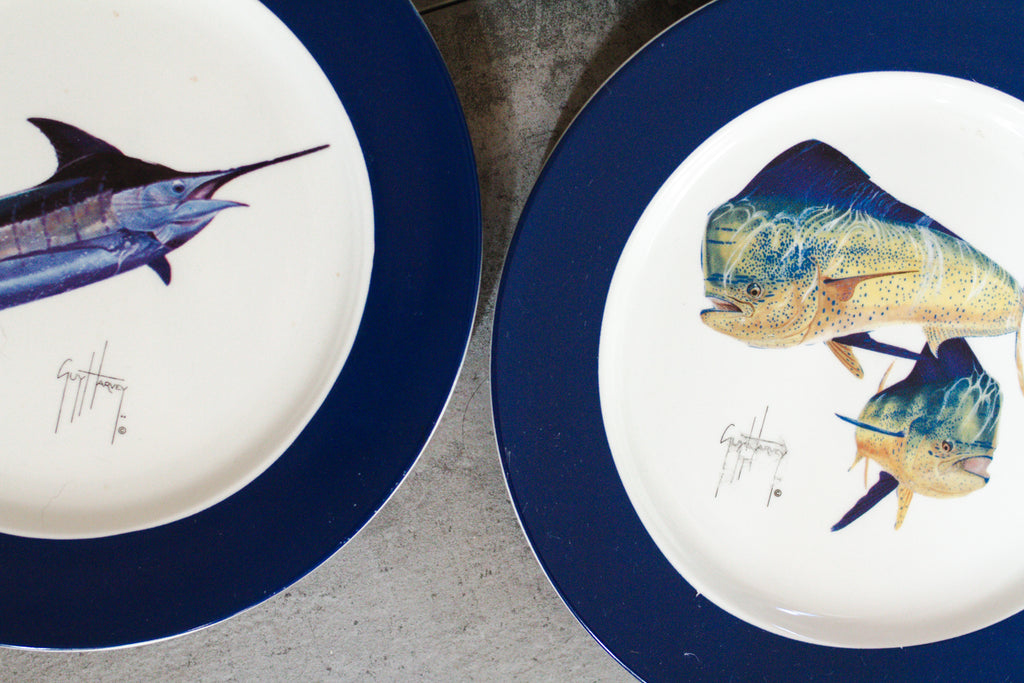 Guy Harvey Fish Plate Set of 6 Plates 8" Blue Rim Assorted Styles 2008 Edition