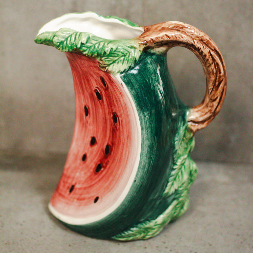 Bassano Vintage Italian Hand Painted Majolica Ceramic Watermelon Shaped Pitcher