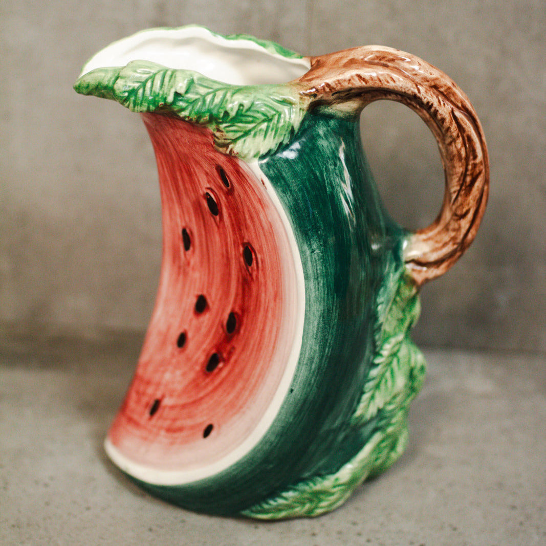 Bassano Vintage Italian Hand Painted Majolica Ceramic Watermelon Shaped Pitcher