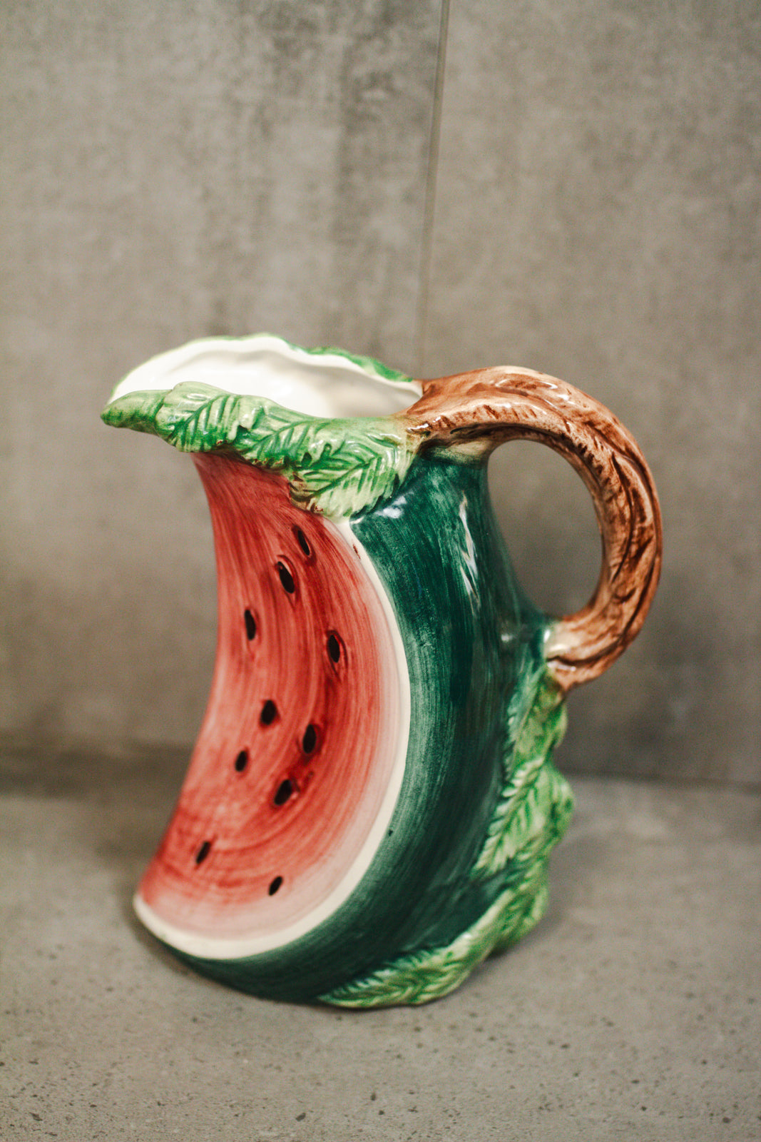 Bassano Vintage Italian Hand Painted Majolica Ceramic Watermelon Shaped Pitcher