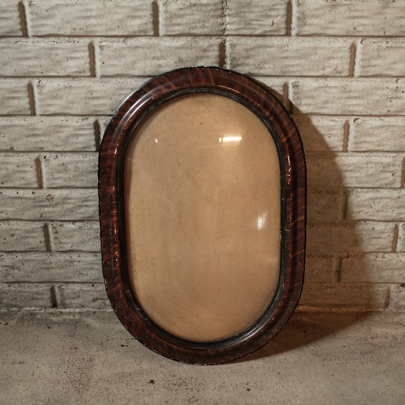 Antique Dome Bubble Glass Picture Frame Convex Painted Wood Grain