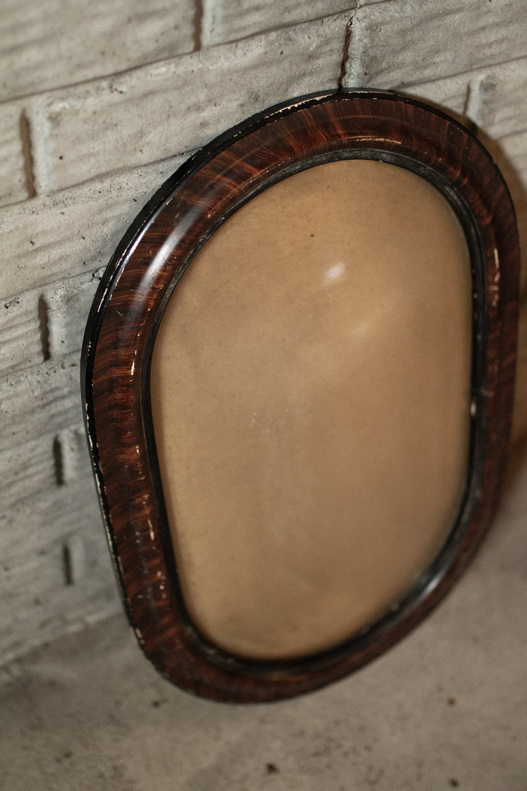 Antique Dome Bubble Glass Picture Frame Convex Painted Wood Grain