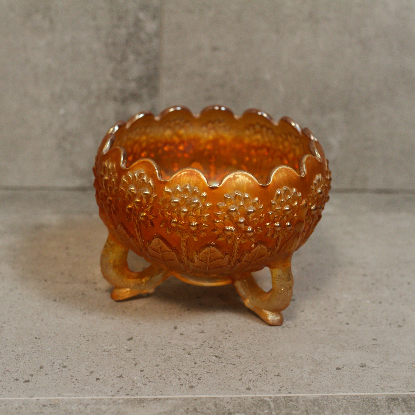 Antique 1920's Fenton Marigold Flower Carnival Glass Three Toed Rose Bowl