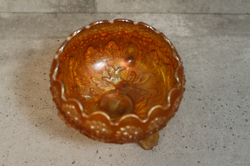 Antique 1920's Fenton Marigold Flower Carnival Glass Three Toed Rose Bowl