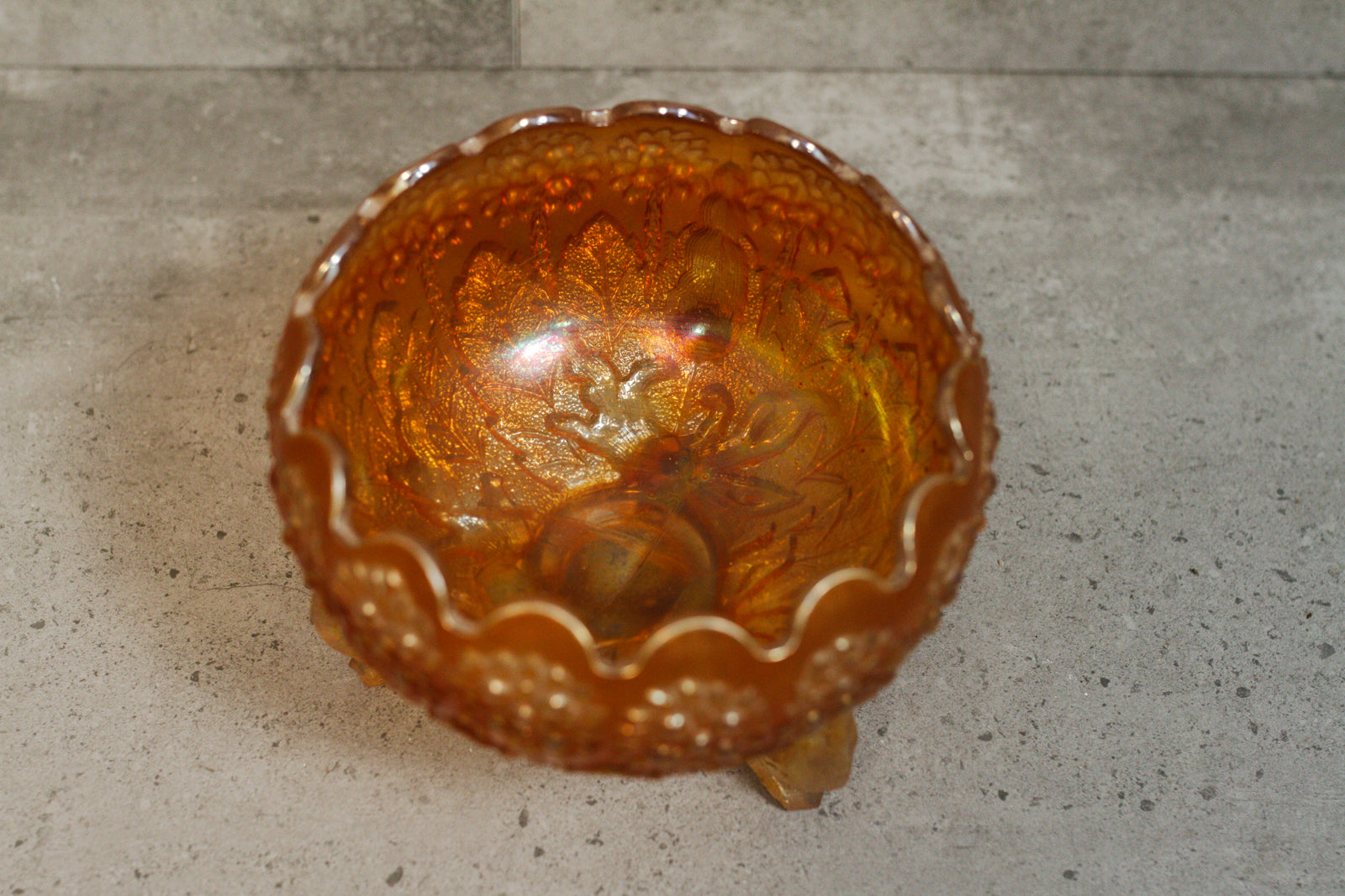 Antique 1920's Fenton Marigold Flower Carnival Glass Three Toed Rose Bowl