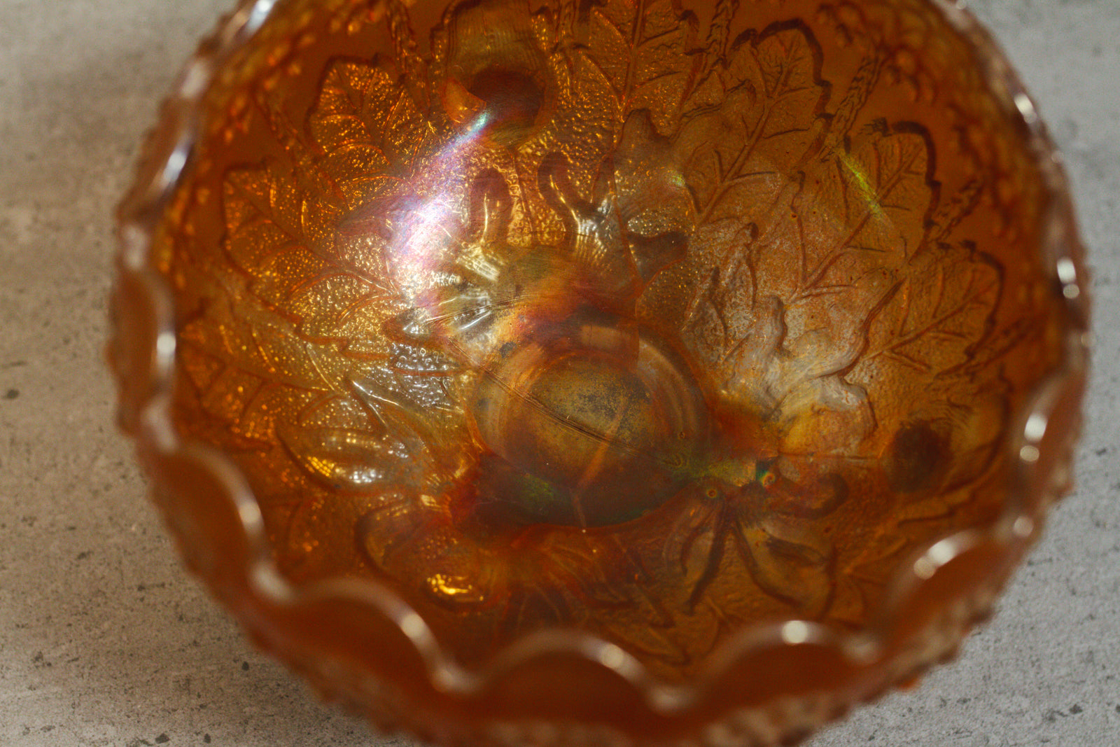 Antique 1920's Fenton Marigold Flower Carnival Glass Three Toed Rose Bowl