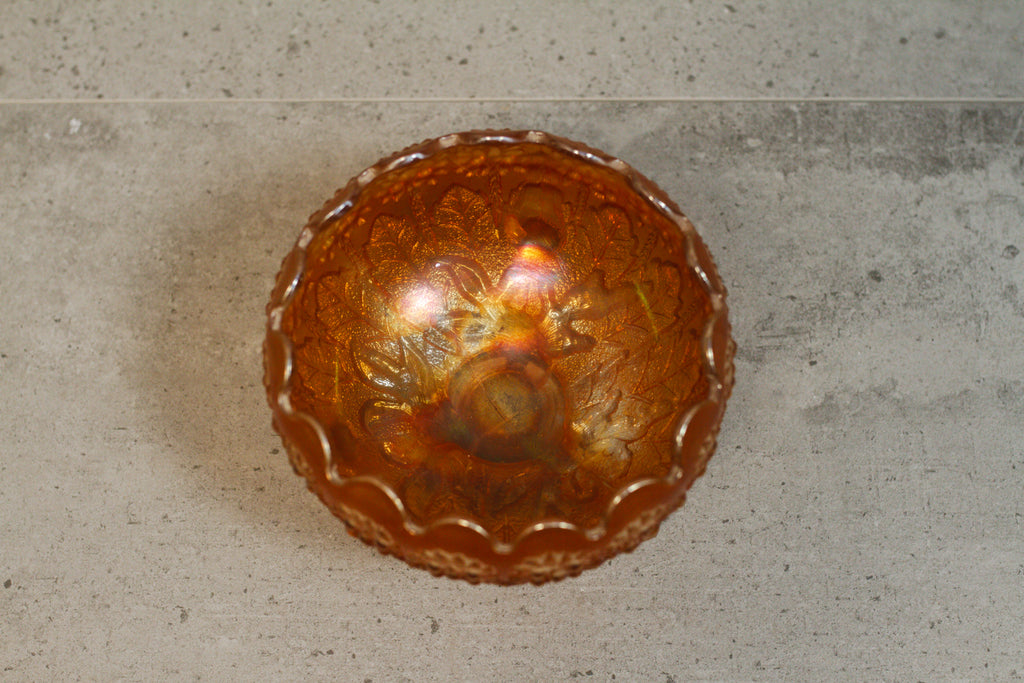 Antique 1920's Fenton Marigold Flower Carnival Glass Three Toed Rose Bowl